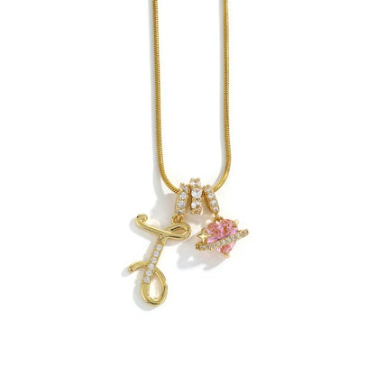 Gold Zircon Flower Letter Necklace - A-Z Alphabet Pendant Jewelry Gift for Women