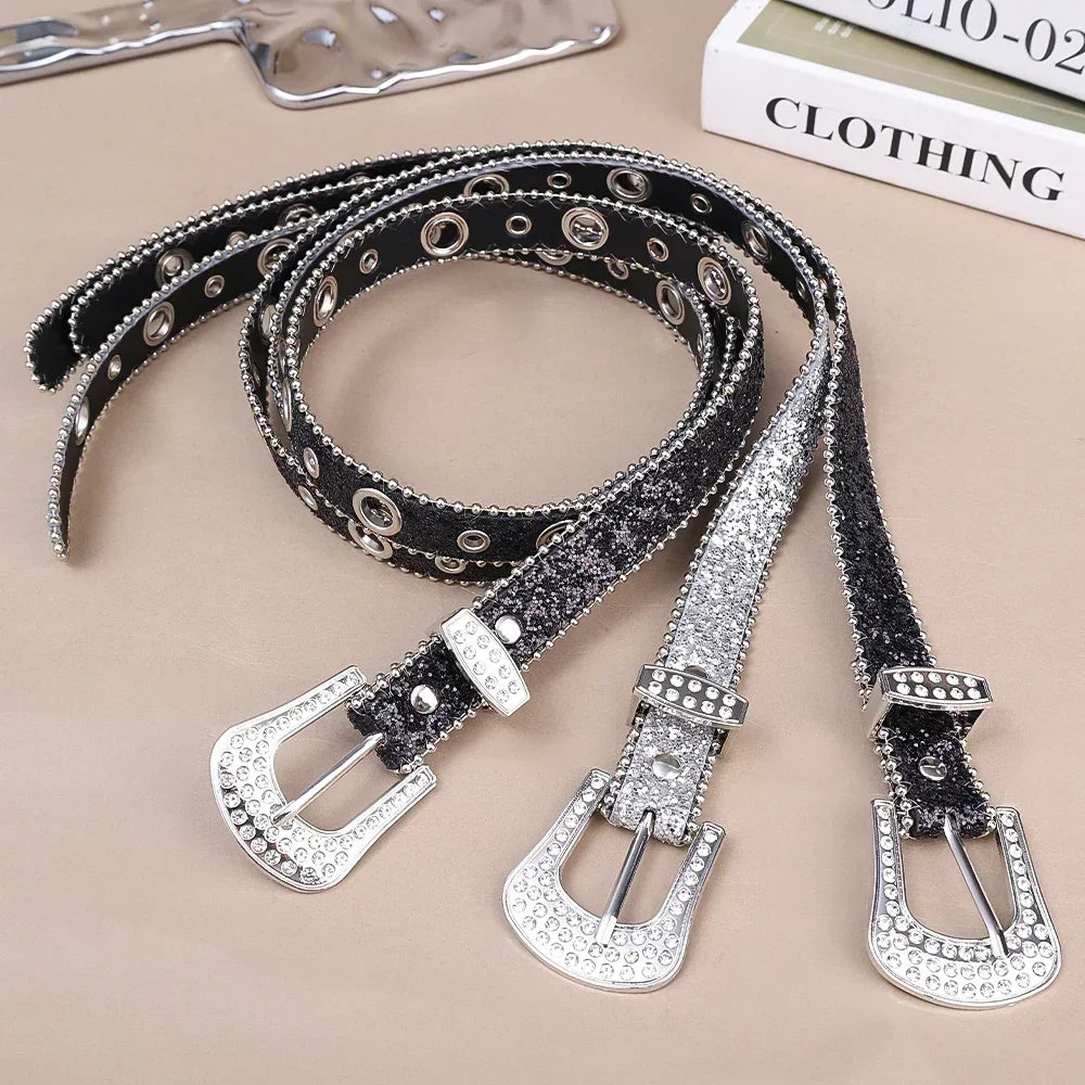 Y2K Women’s PU Leather Rhinestone Belt – Adjustable Glitter Crystal Waistband for Club & Party