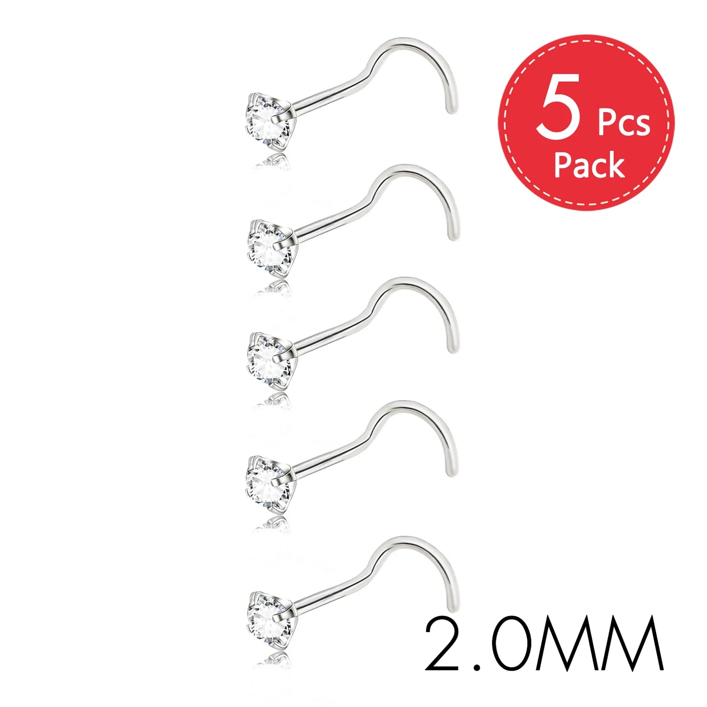 5PCS Stainless Steel Nose Ring Studs — Crystal Nostril Piercing Jewelry for Women & Girls, 1.5/2.0/2.5/3.0mm, 20G