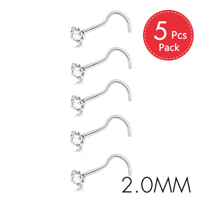 5PCS Stainless Steel Nose Ring Studs — Crystal Nostril Piercing Jewelry for Women & Girls, 1.5/2.0/2.5/3.0mm, 20G