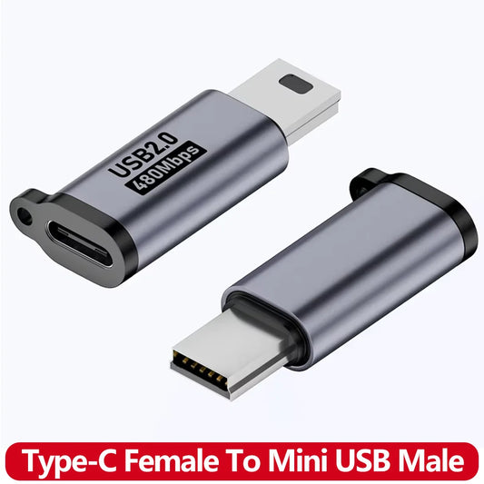 480Mbps Mini USB Male to USB-C Female Adapter — 18W Fast Data & Charging for Cameras, Hard Drives & MP3 Players