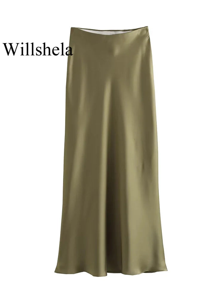 Willshela 2024 Women’s Black Satin High Waist Midi Skirt – Elegant Long Office & Summer Fashion Skirt for Women, Slim Fit Casual Wear