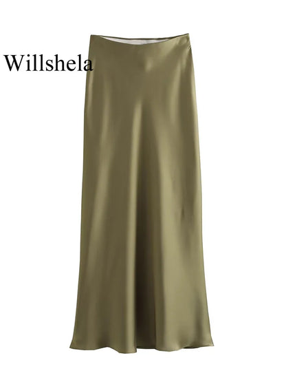 Willshela 2024 Women’s Black Satin High Waist Midi Skirt – Elegant Long Office & Summer Fashion Skirt for Women, Slim Fit Casual Wear