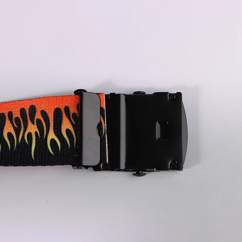 Hip Hop Fashion Canvas Belt – Personalized Flame Design, Casual & Punk Cowboy Belt for Men & Women