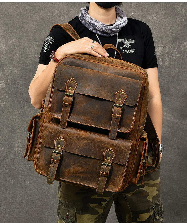 Vintage Crazy Horse Leather Backpack for Men — 17" Laptop Travel Rucksack Cowhide Hiking Bag M815