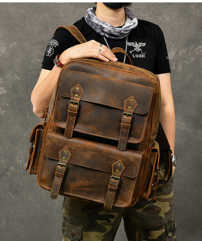 Vintage Crazy Horse Leather Backpack for Men — 17" Laptop Travel Rucksack Cowhide Hiking Bag M815
