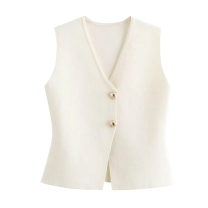 TRAF 2024 Women's Knit Vest Top – Cropped Sleeveless, Button Front, Summer Knitted Holiday Short Tops