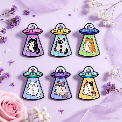 6-Piece UFO Cat Enamel Pin Set - Cartoon Alien Spaceship Brooches for Jackets, Backpacks, and Collectors’ Gifts
