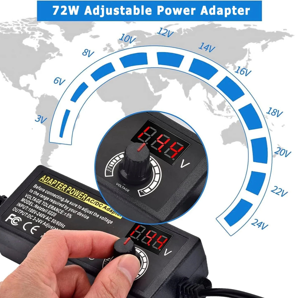 Adjustable AC to DC Power Supply - 3V–24V 3A Universal Laboratory Adapter with EU/US Plug and Alligator Clip