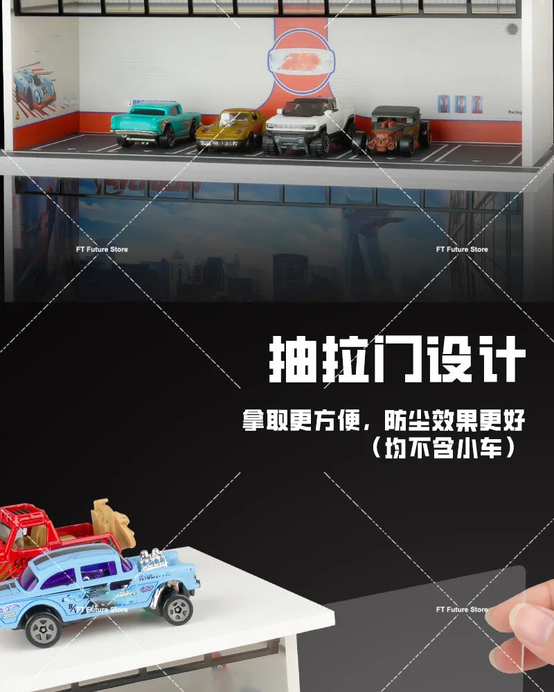 1:64 Scale Garage Scene Model with Lights – Assembled Parking Lot Diorama for Miniature Car Display