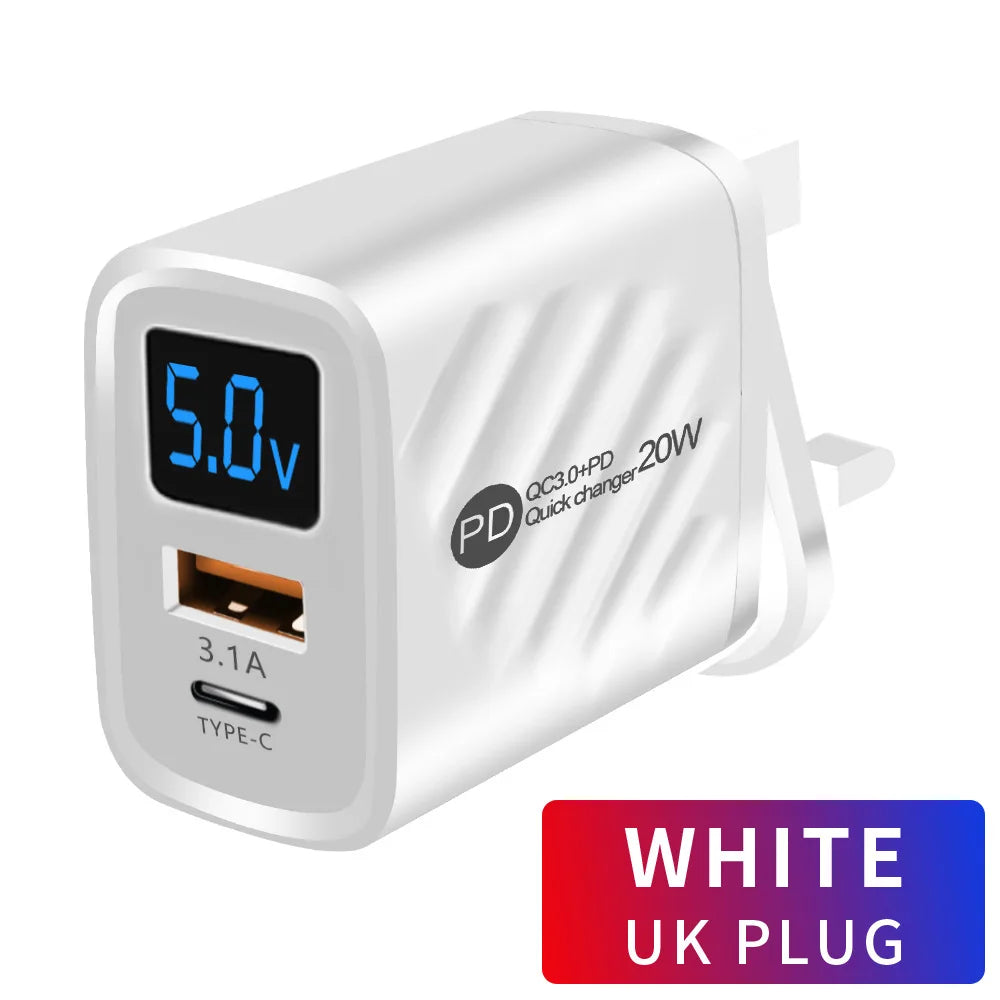 20W USB-C PD Fast Charger with Digital Display - Type C Wall Charging Adapter for iPhone, Samsung, Xiaomi, Huawei