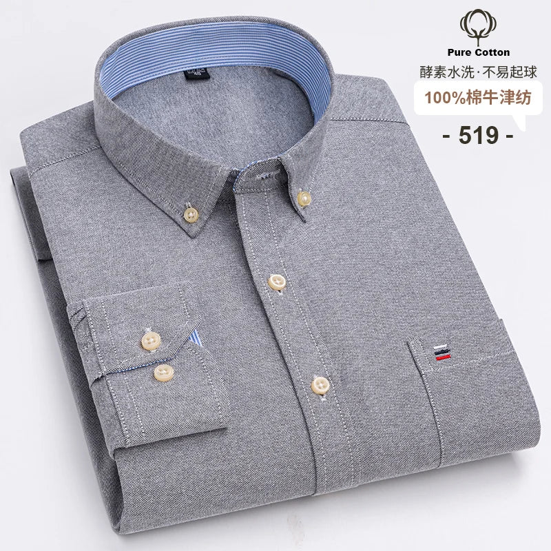 Men's 100% Cotton Oxford Plaid Shirt - Soft Regular Fit Long Sleeve Formal Dress Shirt with Pocket S-7XL