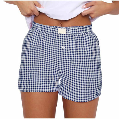 Women’s Teen Girls Elastic Waist Pull-On Red & Blue Plaid Casual Lounge Summer Shorts