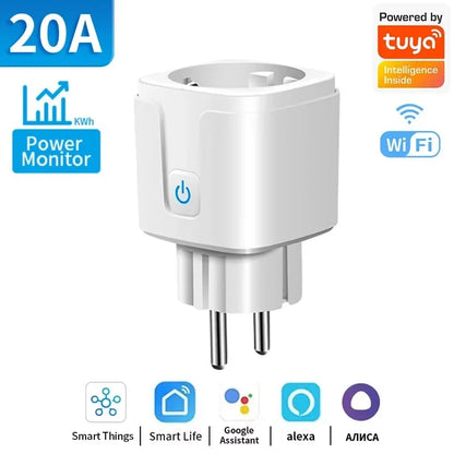 WiFi 20A Smart Socket with Power Monitoring – Tuya EU Plug Timer, Child Lock Outlet Compatible with Google Home, Alexa & SmartThings
