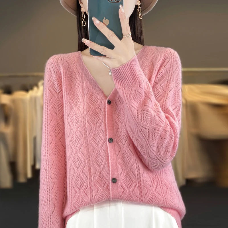 Women's 100% Wool Cashmere Cardigan – V-Neck, Super Soft, Loose Fit, Long Sleeve Knit Sweater