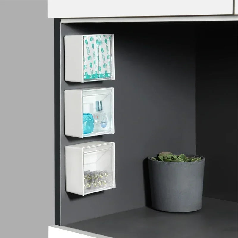 Wall-Mounted Plastic Storage Boxes - Dustproof Bathroom Organizer for Cotton Swabs, Makeup, Small Jewelry, Adhesive Holder Box