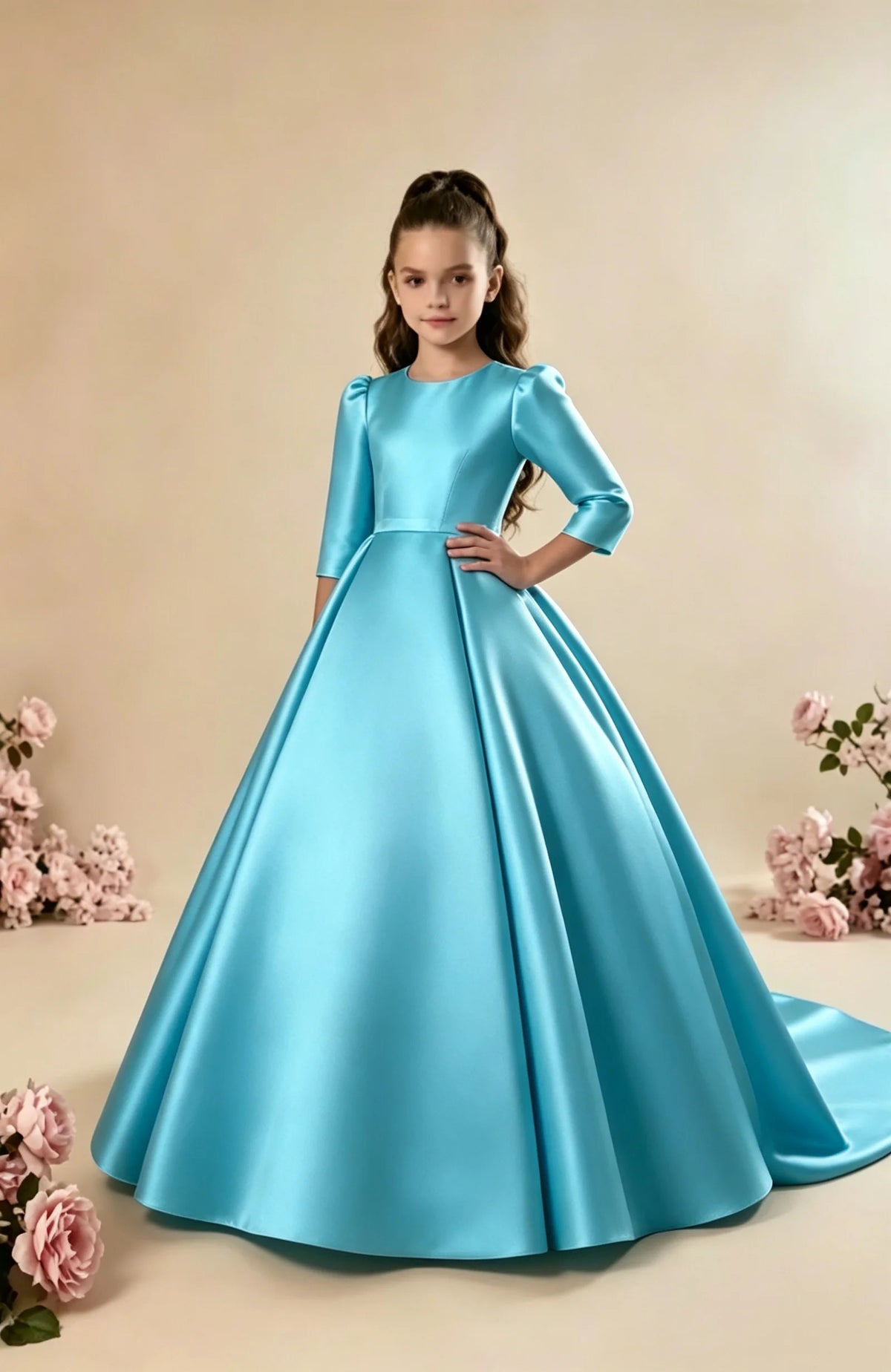 Girls First Communion Satin Dress - Long Sleeve A-Line Princess Gown for Weddings & Parties