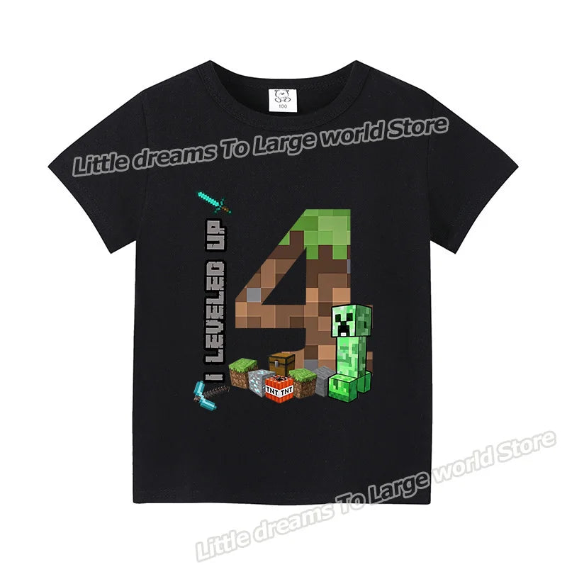 Miner Crafting Birthday Number T-Shirt – Cartoon Summer Short Sleeve Tops for Boys Party Gift