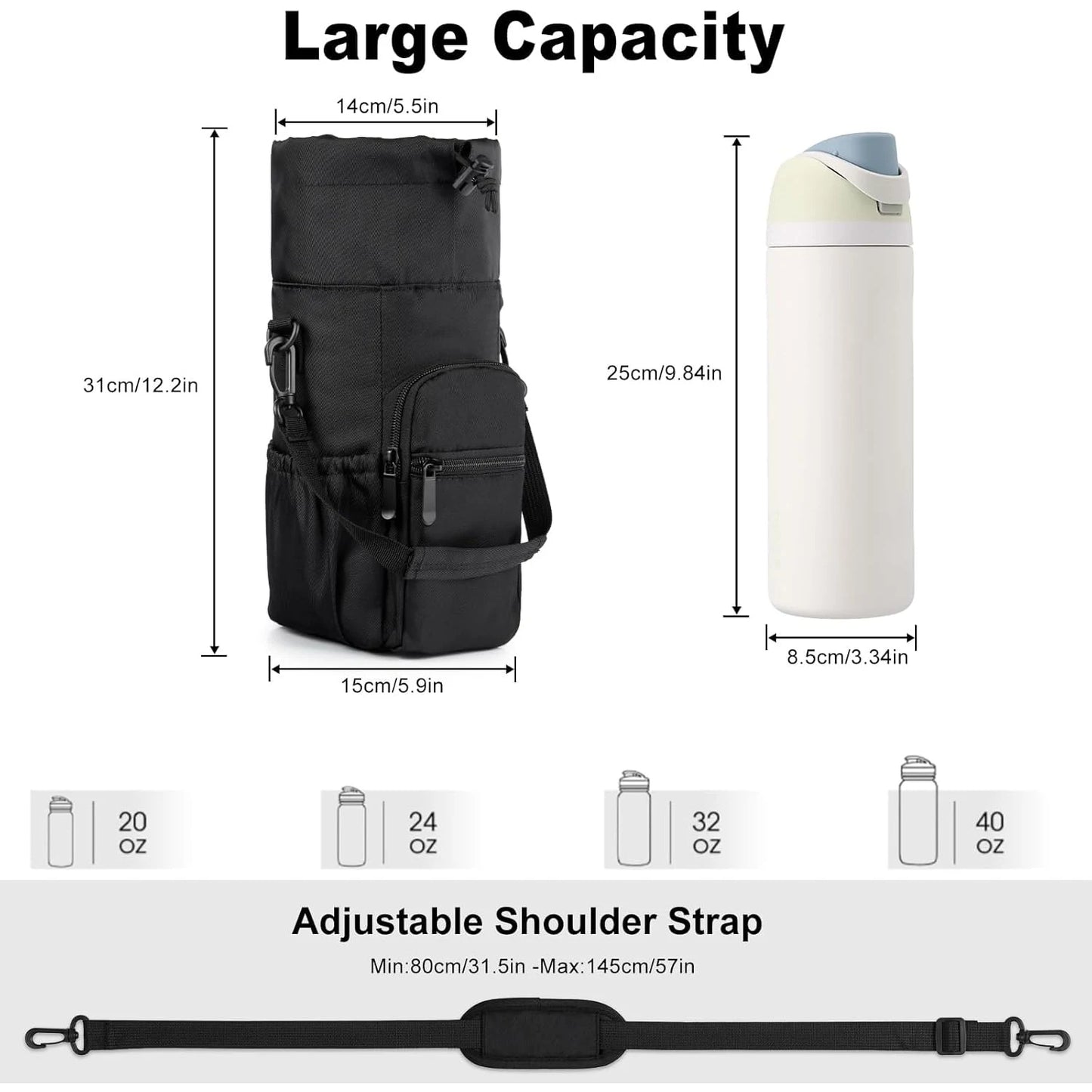 Insulated Water Bottle Holder with Strap – Carrier Sling Bag for 16oz, 32oz, 40oz & 64oz Bottles