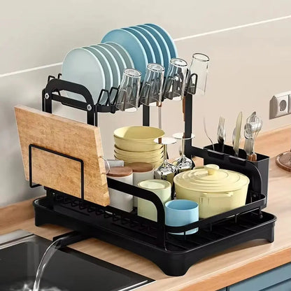 2 Tier Dish Drying Rack with Drain Basket - Kitchen Countertop Dinnerware Organizer | Dish & Bowl Drainer Storage Rack with Drainboard