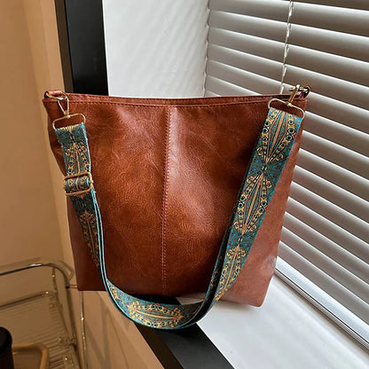 Wide Geometric Strap Shoulder Bag - Large Capacity Crossbody PU Leather Bag for Women, Retro Style for Shopping and Travel