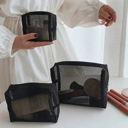 Transparent Mesh Zipper Cosmetic Bag – Fashionable Black Toiletry Organizer, Small & Large Makeup Pouch for Women