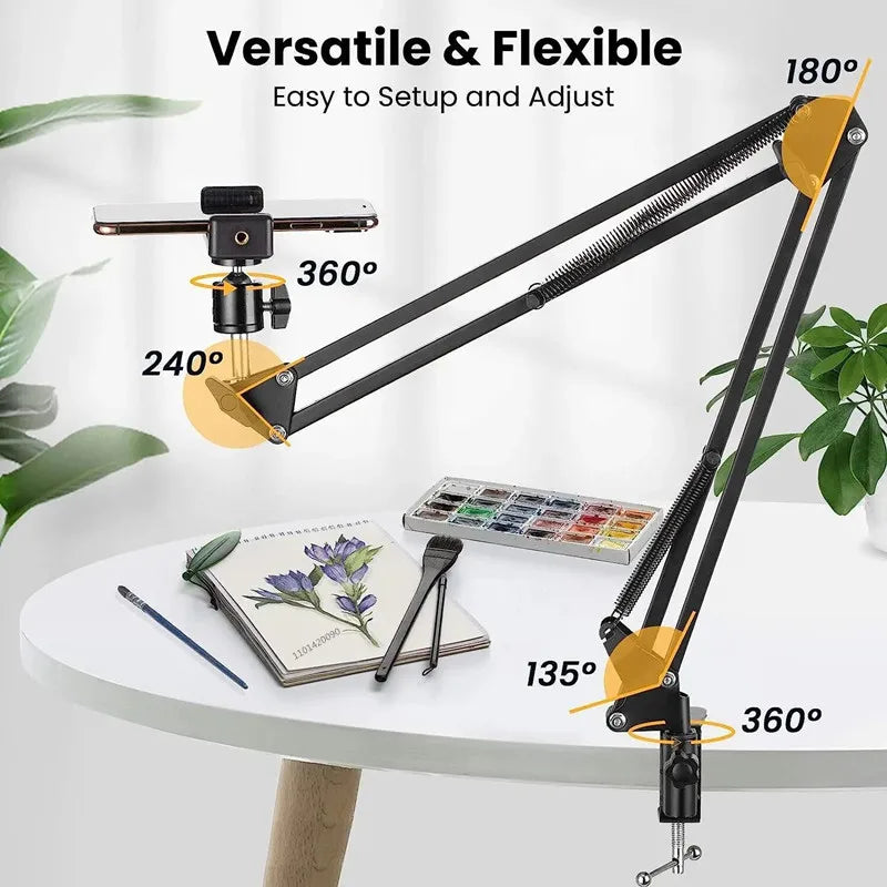 Flexible Arm Phone Tripod Stand for Table & Desktop | Foldable Overhead Mount for Live Video & Photography