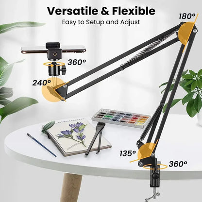 Flexible Arm Phone Tripod Stand for Table & Desktop | Foldable Overhead Mount for Live Video & Photography