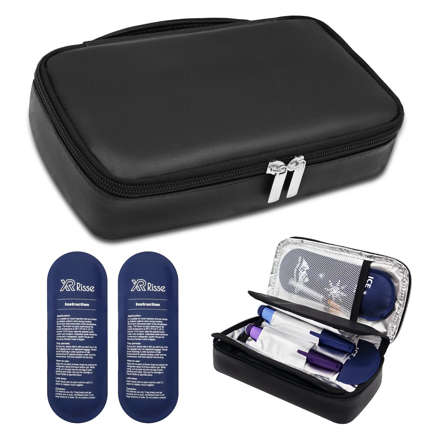 Insulin Travel Bag for Diabetics, PU Leather Double Layer Organizer Case for Insulin Pens & Test Kits with Handle Medical Storage Pouch