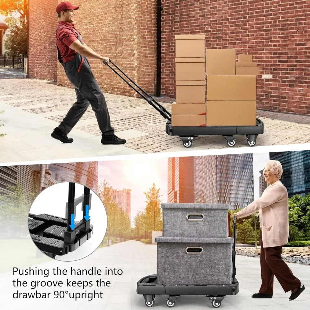 Folding Hand Truck 600lbs – Portable Heavy-Duty 6-Wheel Collapsible Luggage Dolly Cart with 2 Elastic Ropes