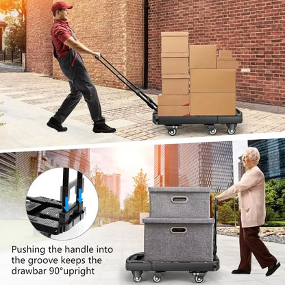 Folding Hand Truck 600lbs – Portable Heavy-Duty 6-Wheel Collapsible Luggage Dolly Cart with 2 Elastic Ropes