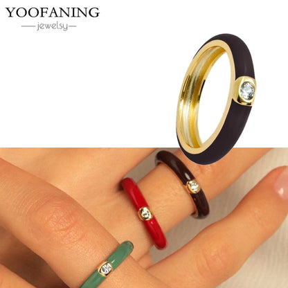 24K Gold-Plated & Silver Enamel Ring – Slim Round Women's Luxury Zircon CZ Ring in Green, Purple, Pink for Wedding & Anniversary
