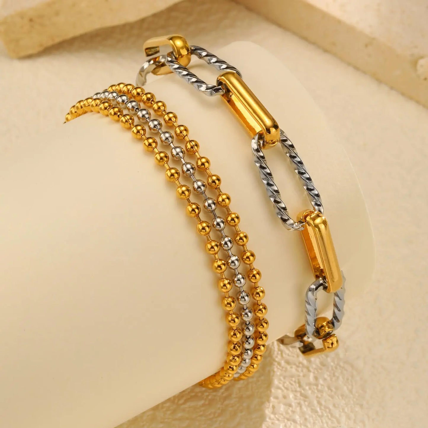 Women's Two-Tone Twist Paperclip Bracelet – Chunky Stainless Steel Adjustable 18K Gold Plated Link Jewelry