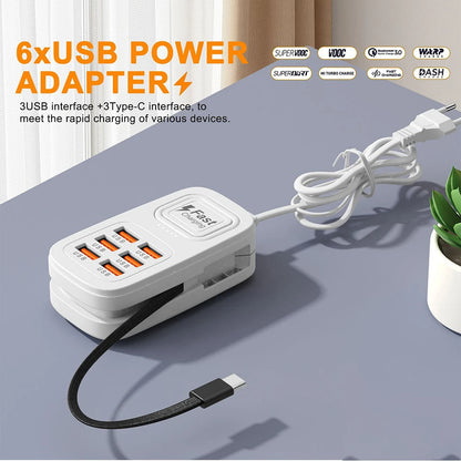6-Port USB-C Charging Station – Fast-Charging Desktop Power Strip with 3 USB-C Ports, 3 USB-A Ports, and EU/UK/US Plug Options