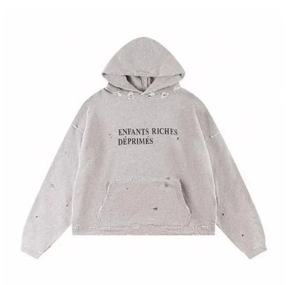 Washed Casual Hoodie Sweatshirt — Unisex Loose-Fit Street Style Crew Neck with Lip Print Letter Design, Vintage Comfortable Top