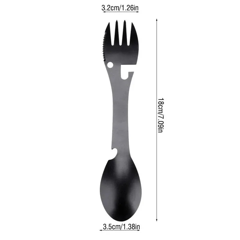 Portable Stainless Steel Camping Cutlery Set – Foldable Spoon, Fork, Knife & Bottle Opener Multitool