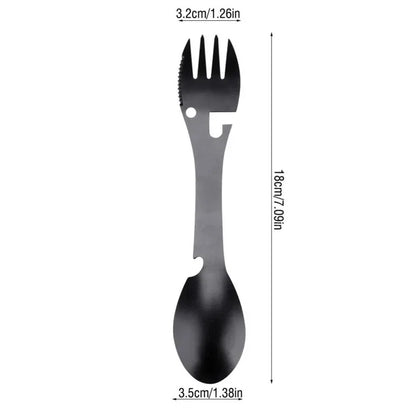 Portable Stainless Steel Camping Cutlery Set – Foldable Spoon, Fork, Knife & Bottle Opener Multitool