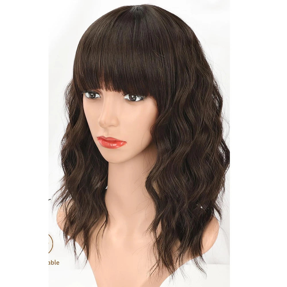 Natural Brown Synthetic Curly Wavy Bob Wig with Bangs – Stylish Wig for Women