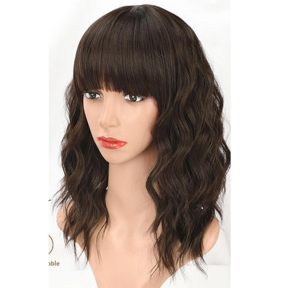 Natural Brown Synthetic Curly Wavy Bob Wig with Bangs – Stylish Wig for Women