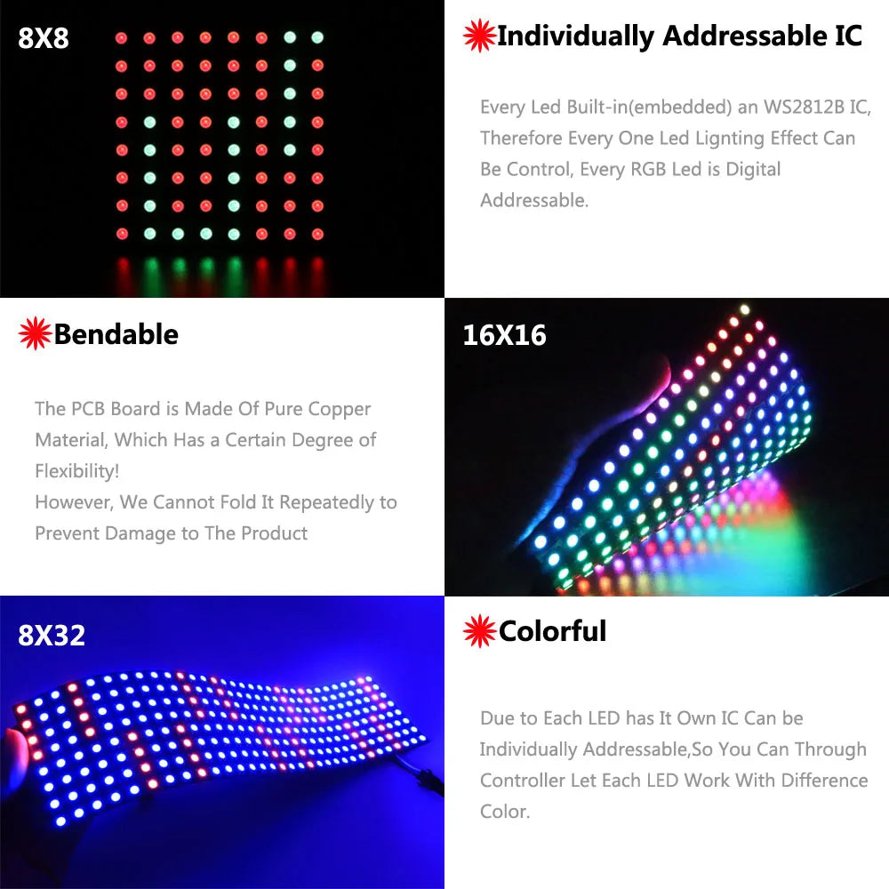1-10PCS WS2812B RGB LED Panel Module – Flexible 4x12, 8x8, 16x16, 8x32 Pixel Matrix Screen with Individually Addressable IC, DC 5V