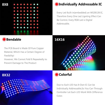 1-10PCS WS2812B RGB LED Panel Module – Flexible 4x12, 8x8, 16x16, 8x32 Pixel Matrix Screen with Individually Addressable IC, DC 5V