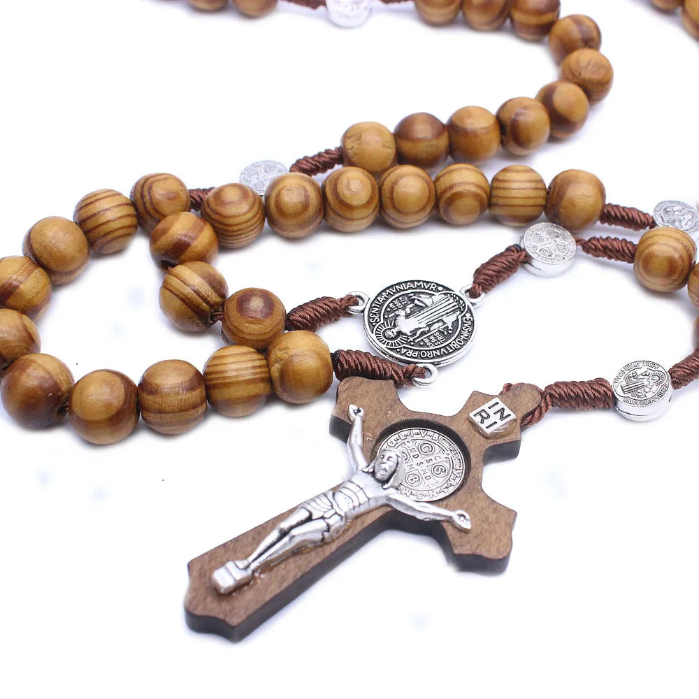 Wooden Antique Cross Rosary Necklace – Saint Benedict Jesus Beaded Handmade Pendant Jewelry for Men & Women Religious Gift Accessories
