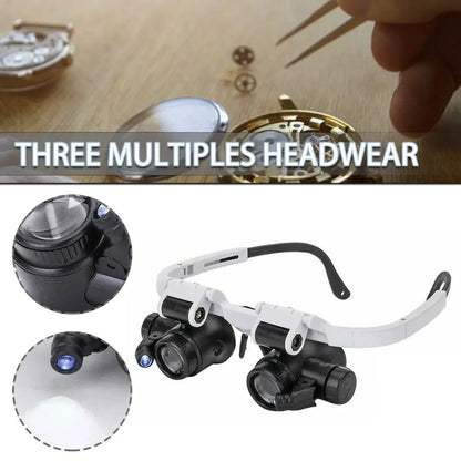 2X LED Head-Mounted Jeweler Magnifier — Adjustable Loupe Glasses with 8X, 15X, 23X Lenses for Watch & Repair Work