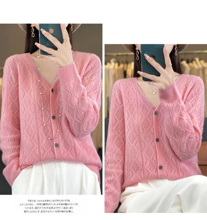 Women's 100% Wool Cashmere Cardigan – V-Neck, Super Soft, Loose Fit, Long Sleeve Knit Sweater
