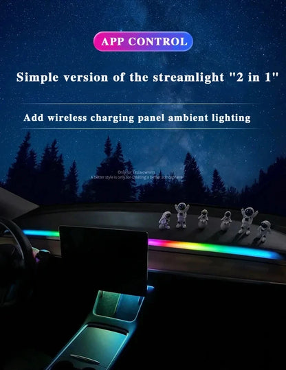 2-in-1 Dynamic Neon RGB Car LED Ambient Lighting – Auto OFF 60s Module for Tesla Model 3 & Y Dashboard Decoration