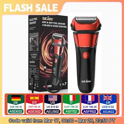 Sejoy Electric Razor for Men – 3-Blade Foil Shaver with 7500 RPM High-Speed Motor & Digital Power Display