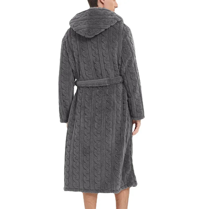 Men’s Fall & Winter Warm Hooded Robe – Thickened Cotton Velvet Jacquard Homewear for Couples
