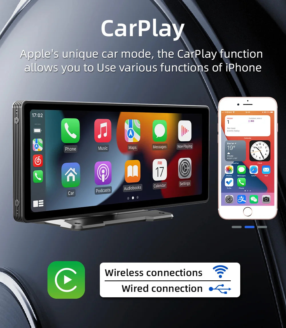 BQCC 10.26-Inch Portable Wireless CarPlay Screen – HD Rearview Camera, Car Radio DVR, MP5 Multimedia Player, Android Auto