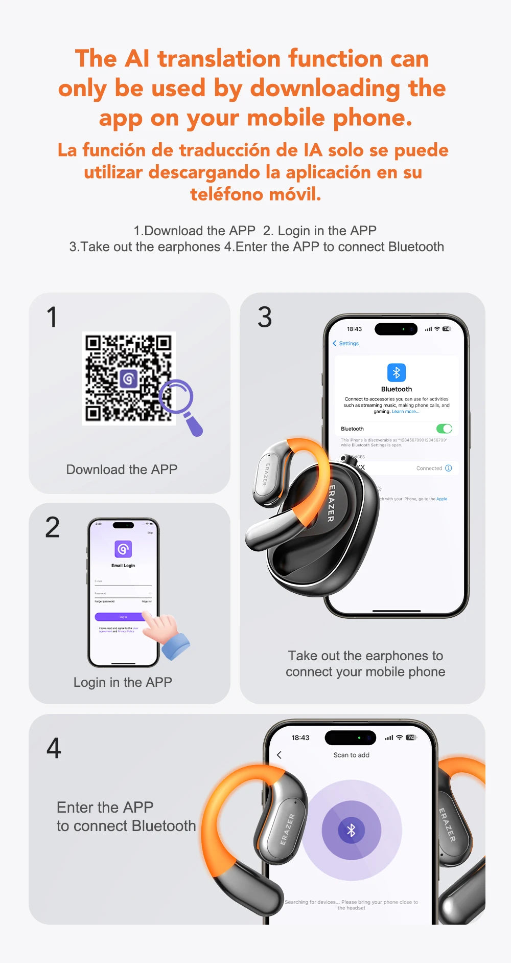 ERAZER XF31 AI Translator Earphones - Bluetooth Translation Earbuds, Sleep ASMR Headset, DIY APP, Wireless Open-Back Headphones