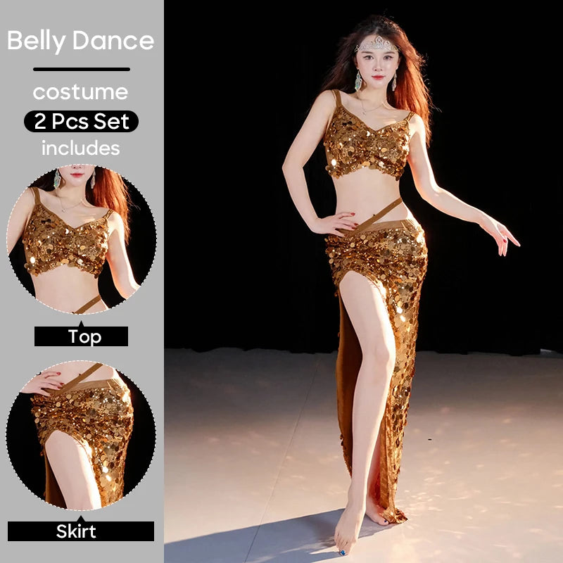 2-Piece Belly Dance Costume Set for Women – Sexy Sequin Top & Skirt Outfit for Stage Performance & Training
